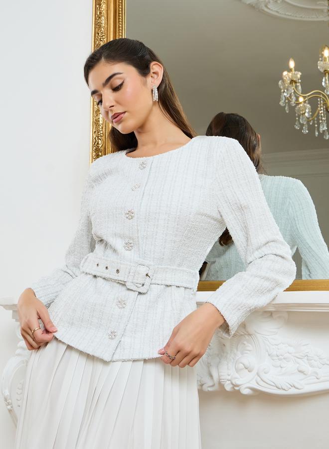 Styli Women Off-White Tweed Top and Pleated Skirt Co-Ords - Image 3